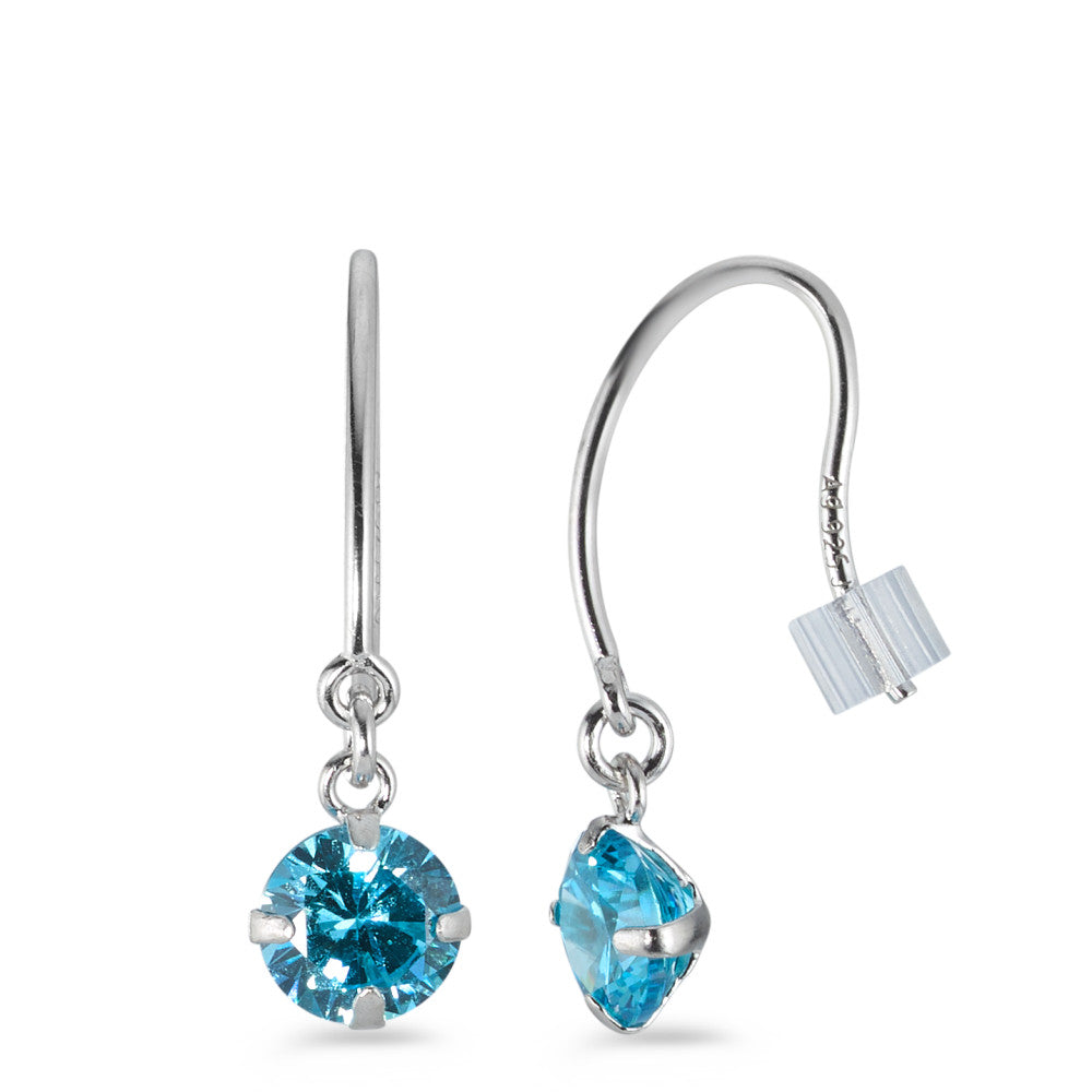 Drop Earrings Silver Zirconia Aqua, 2 Stones, round Rhodium plated Ø6 mm