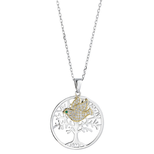 Necklace with pendant Silver Zirconia Green Rhodium plated Tree Of Life 40-45 cm Ø25 mm