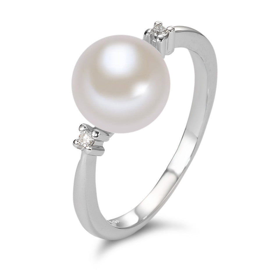 Ring 9k White Gold Diamond White, 0.02 ct, 2 Stones, brilliant, p1 Freshwater pearl