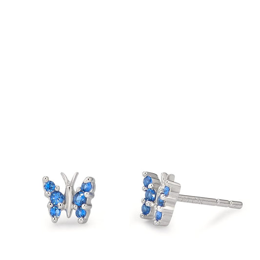 Stud earrings Silver Zirconia Blue, 6 Stones Rhodium plated Butterfly Ø6 mm
