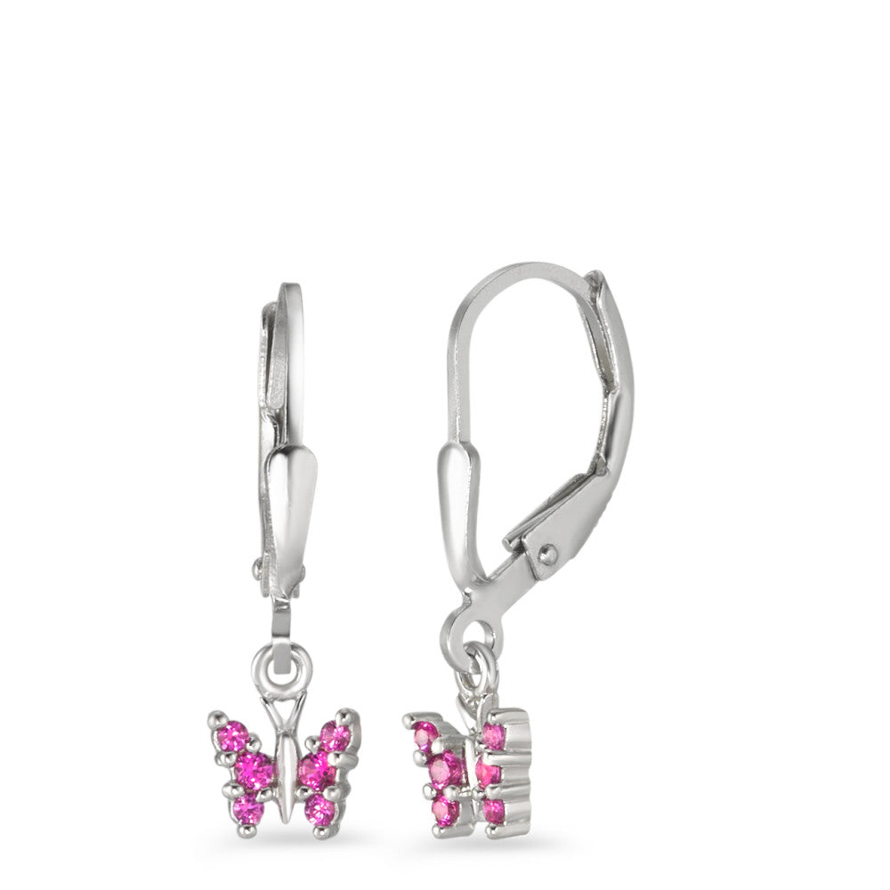 Drop Earrings Silver Zirconia Pink, 6 Stones Rhodium plated Butterfly