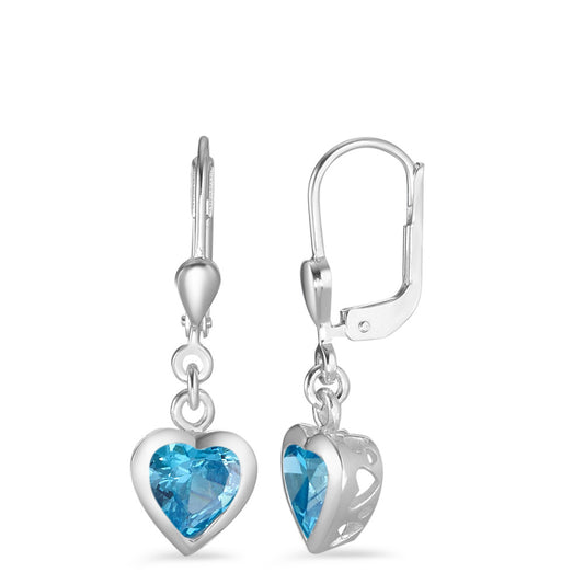 Drop Earrings Silver Synthetic Aquamarine 2 Stones Rhodium plated Heart