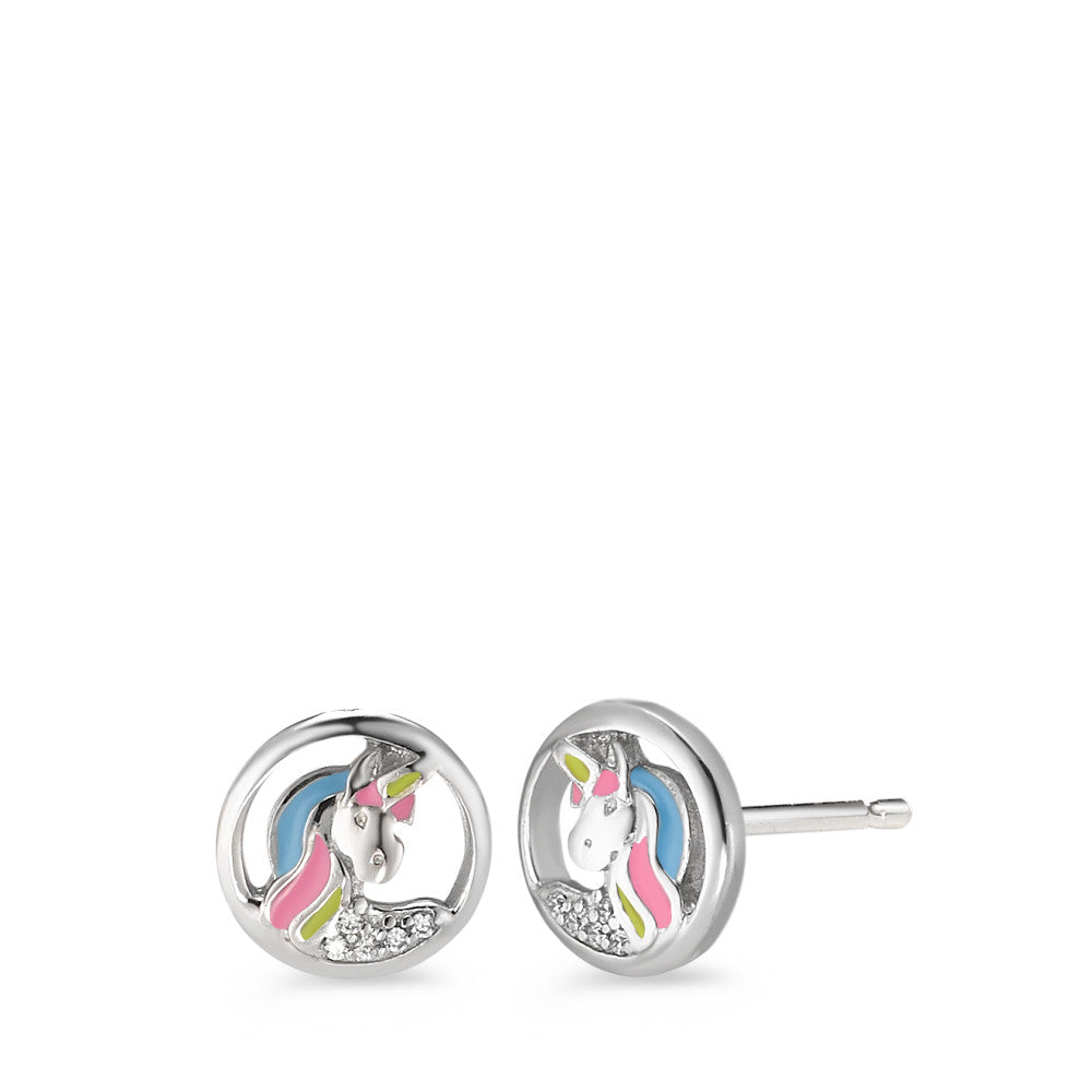 Stud earrings Silver Zirconia 10 Stones Lacquered Unicorn Ø8.5 mm