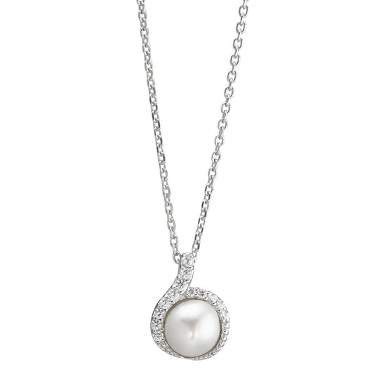 Necklace with pendant Silver Zirconia Rhodium plated Freshwater pearl 40-42 cm Ø9 mm