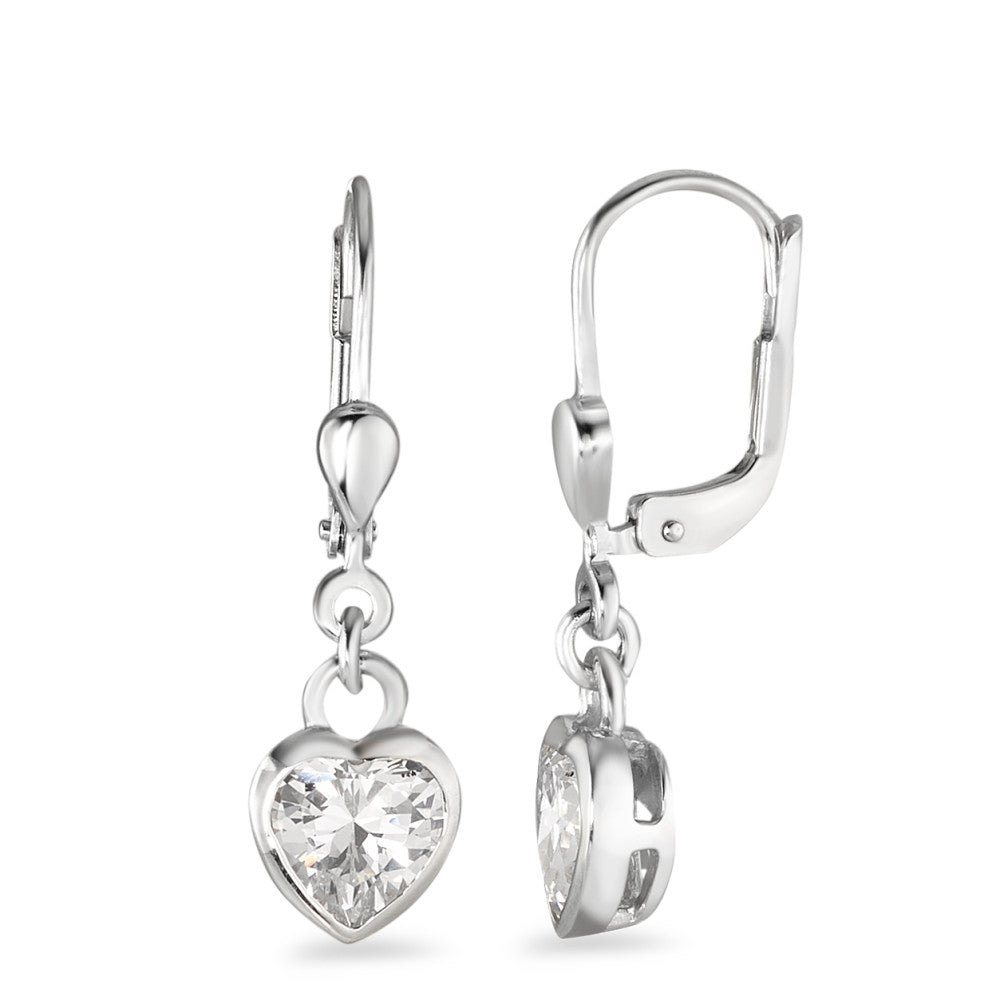 Drop Earrings Silver Zirconia White, 2 Stones Rhodium plated Heart Ø7 mm