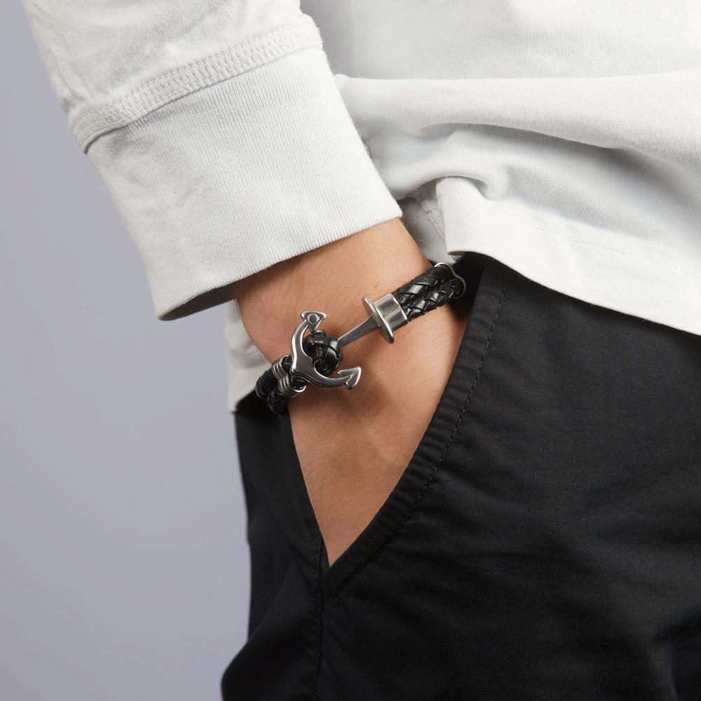 Bracelet Leather, Stainless steel Anchor 21.5 cm