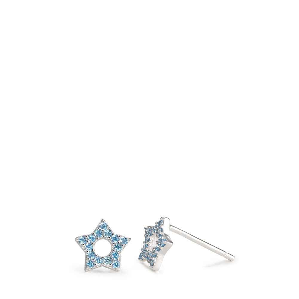 Stud earrings Silver Zirconia Light Blue Rhodium plated Star Ø7 mm