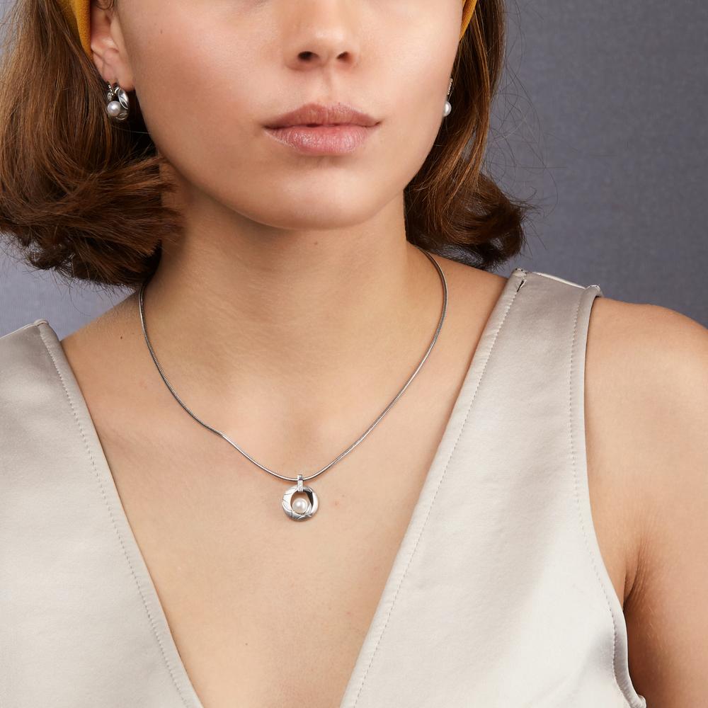 Necklace with pendant Stainless steel Zirconia Freshwater pearl 42 cm