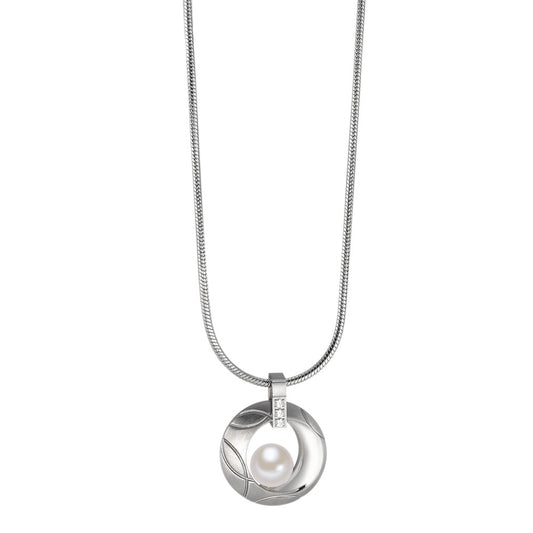 Chain necklace with pendant Stainless steel Zirconia Freshwater pearl 42 cm