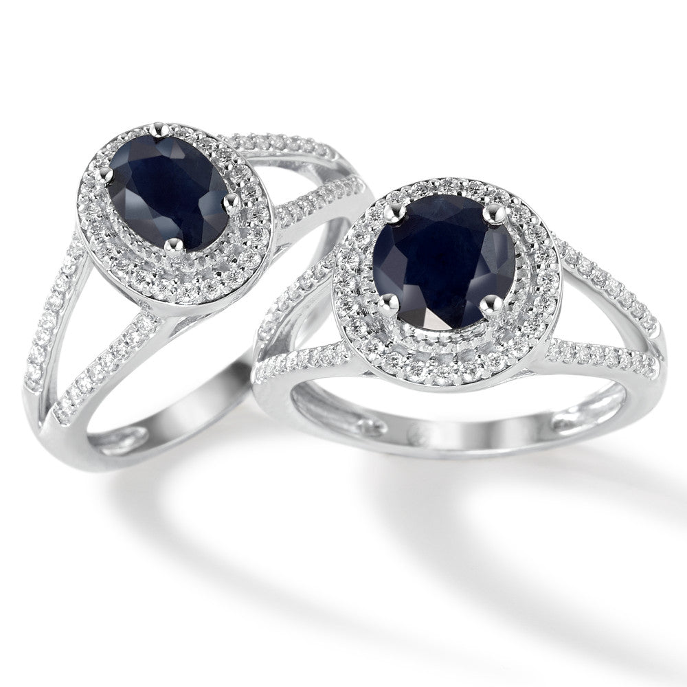 Ring 9k White Gold Sapphire Blue, 0.95 ct, oval, AAA, Diamond White, 0.23 ct, 12 Stones, w-pi1