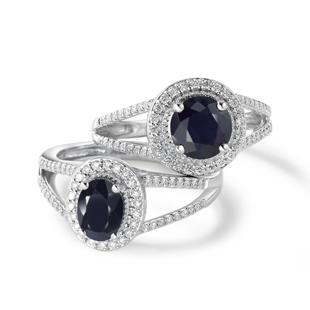 Ring 9k White Gold Sapphire Blue, 0.95 ct, oval, AAA, Diamond White, 0.23 ct, 12 Stones, w-pi1