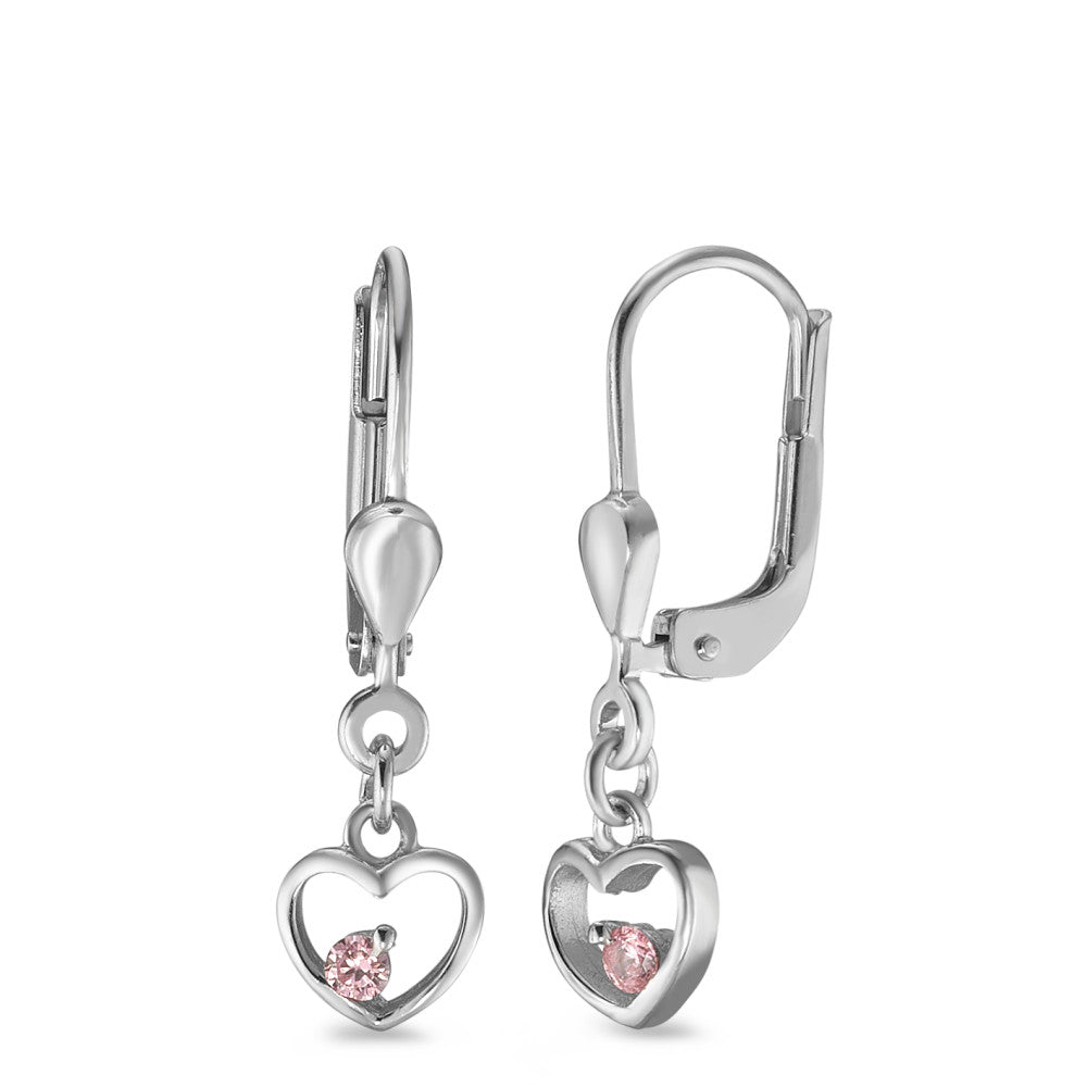 Drop Earrings Silver Zirconia Rose, 2 Stones Rhodium plated Heart