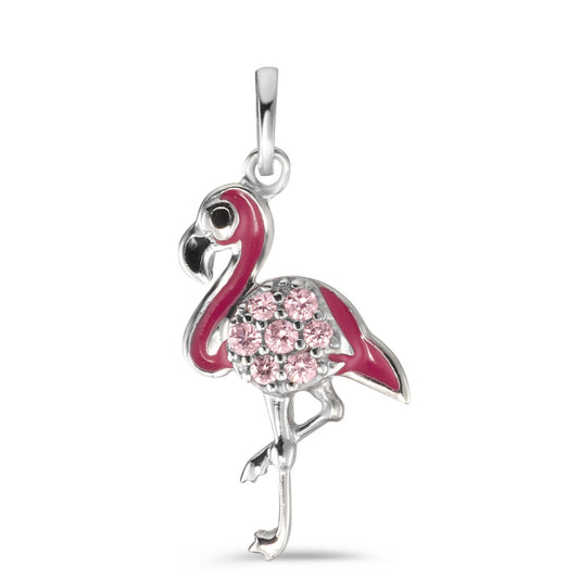 Pendant Silver Zirconia Rose, 7 Stones Lacquered Flamingo