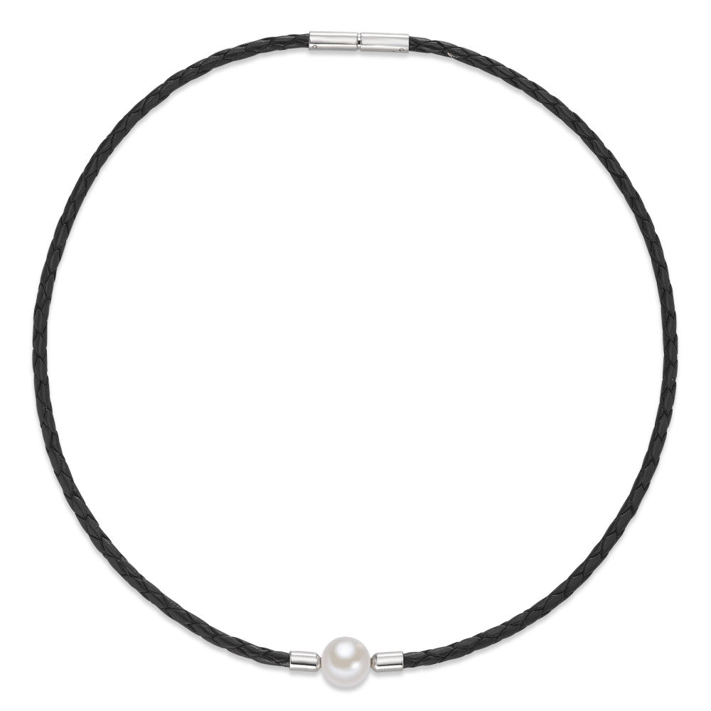 Necklace Leather, Stainless steel Freshwater pearl 42 cm Ø3 mm