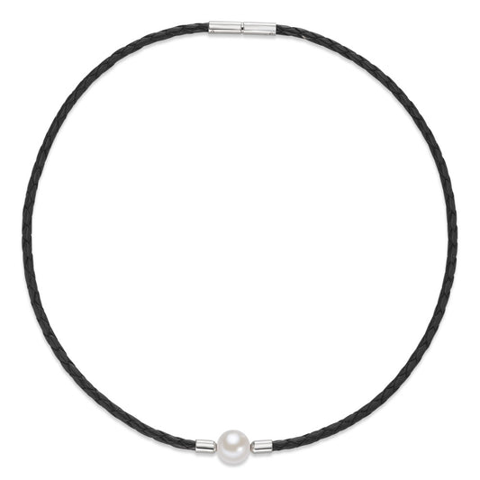 Necklace Leather, Stainless steel Freshwater pearl 42 cm Ø3 mm