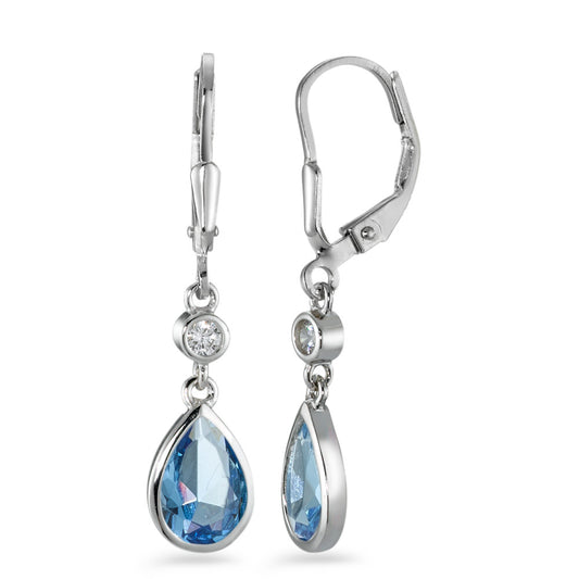 Drop Earrings Silver Zirconia Aqua, 2 Stones, drops, Zirconia White, 2 Stones Rhodium plated