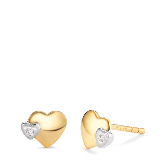 Stud earrings 18k Yellow Gold Zirconia 2 Stones Bicolor Heart Ø5.5 mm