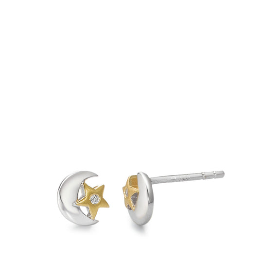 Stud earrings Silver Zirconia 2 Stones Yellow Bicolor Moon