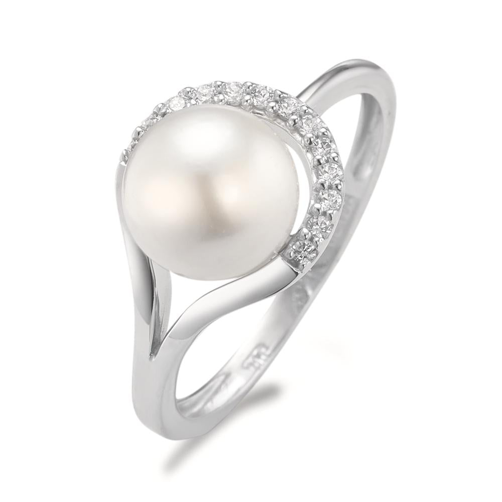 Ring 18k White Gold Zirconia 13 Stones Freshwater pearl