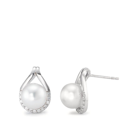 Stud earrings 18k White Gold Zirconia 26 Stones Freshwater pearl