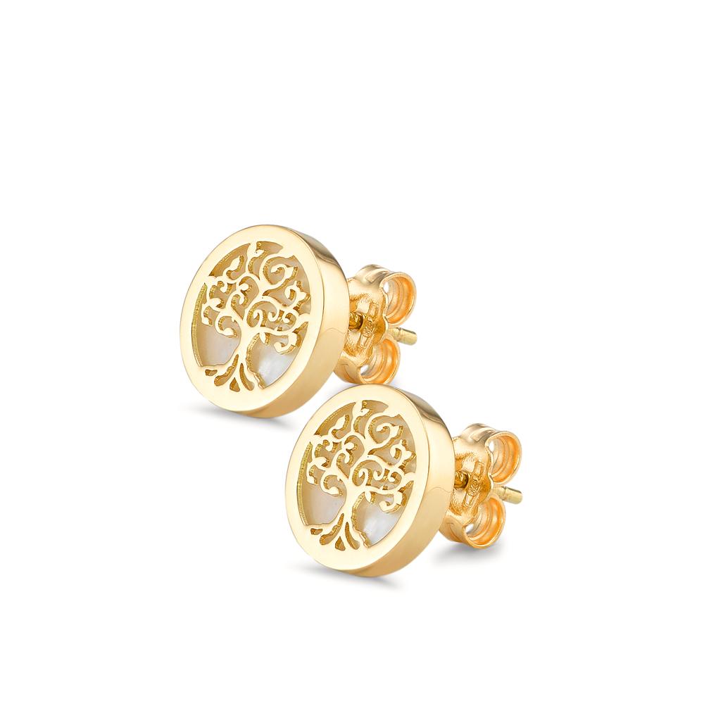 Stud earrings 18k Yellow Gold Mother of pearl Tree Of Life Ø10 mm