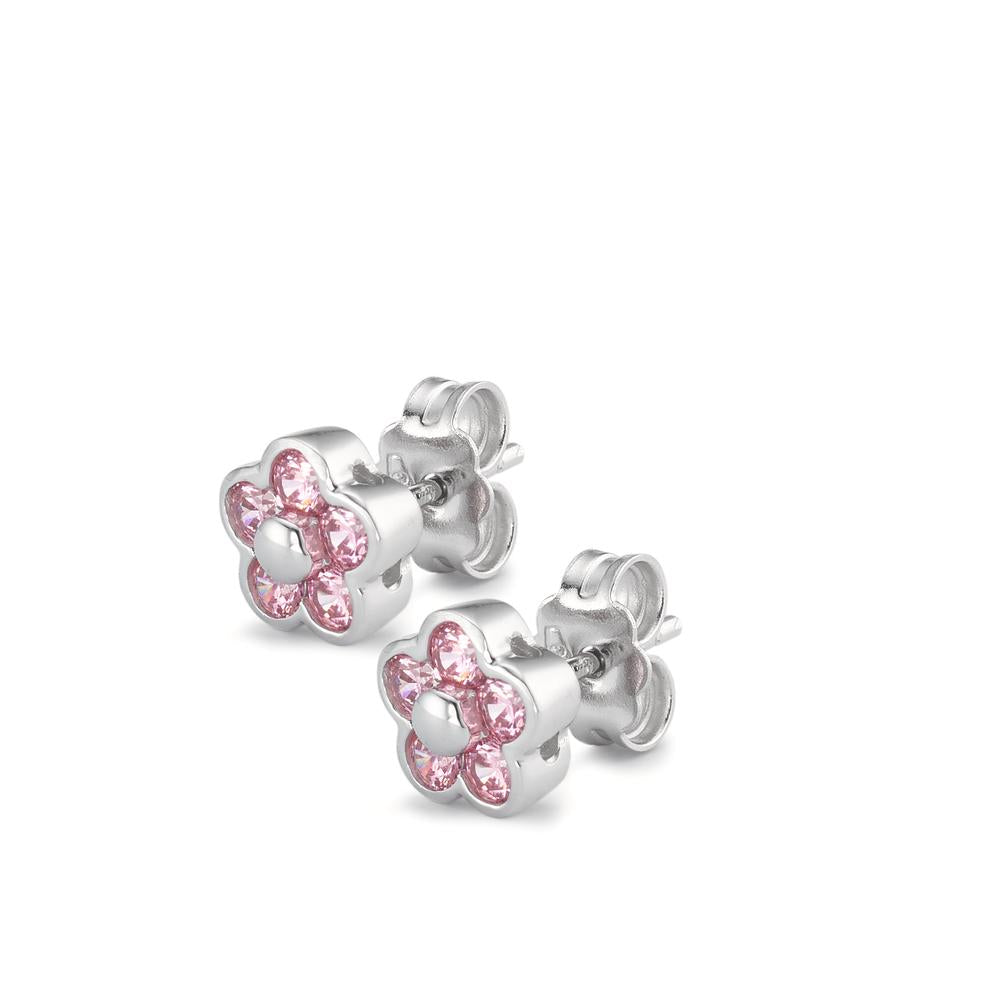 Stud earrings 18k White Gold Zirconia Rose, 10 Stones Flower Ø7 mm