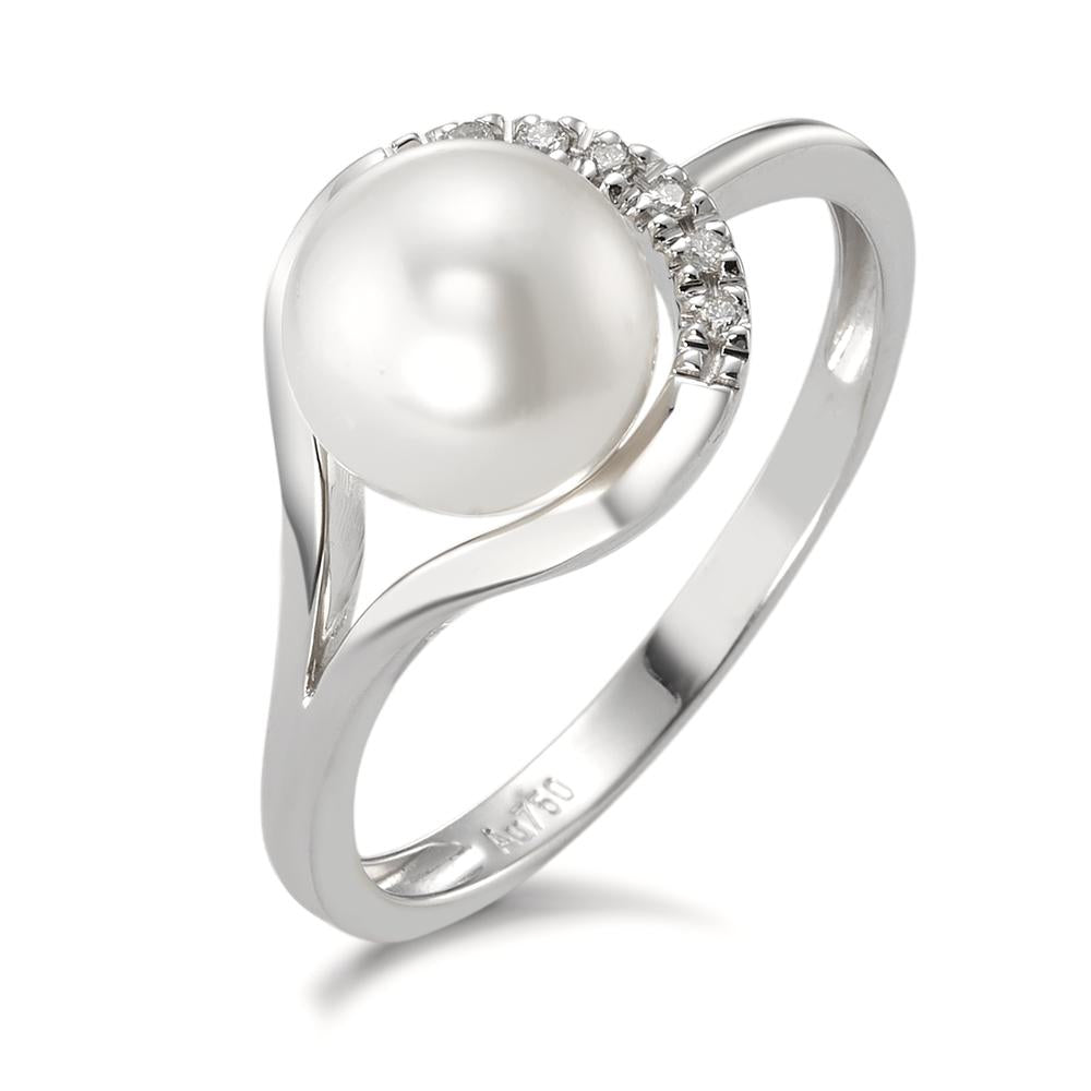 Ring 18k White Gold Diamond 0.03 ct, 6 Stones, w-si Freshwater pearl