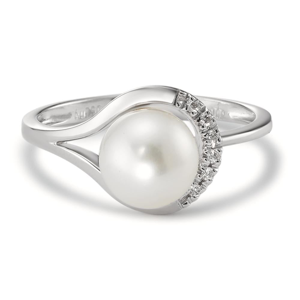 Ring 18k White Gold Diamond 0.03 ct, 6 Stones, w-si Freshwater pearl