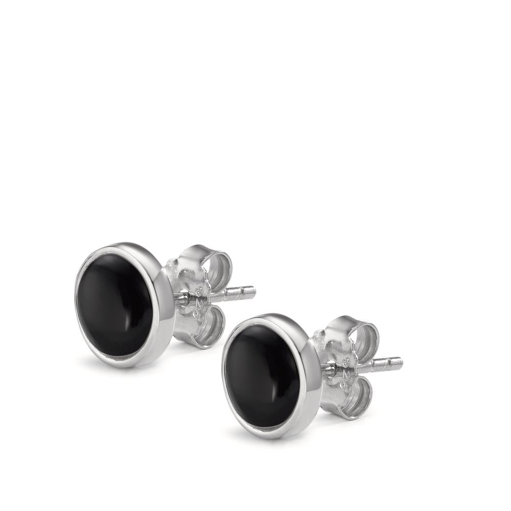 Stud earrings Silver Onyx 2 Stones Rhodium plated Ø8 mm