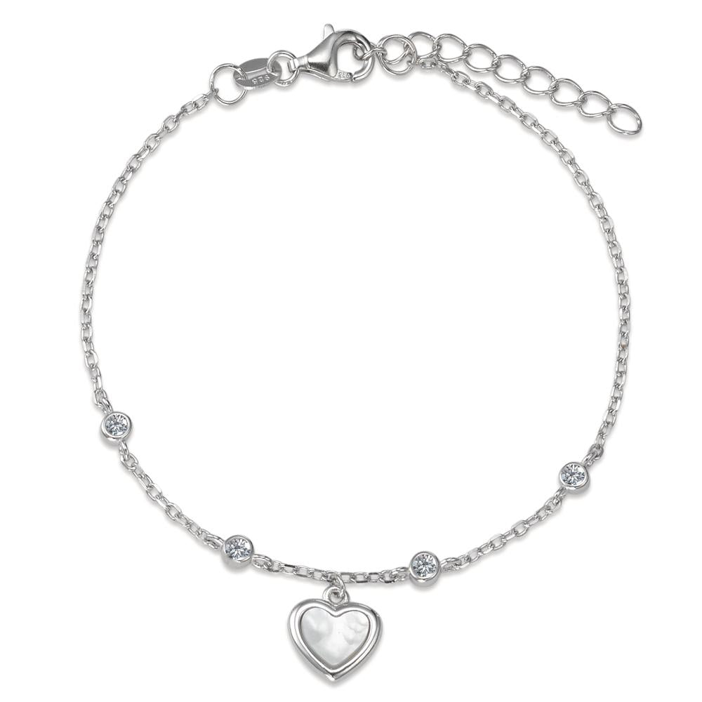 Bracelet Silver Zirconia 4 Stones Rhodium plated Mother of pearl Heart 16-19 cm