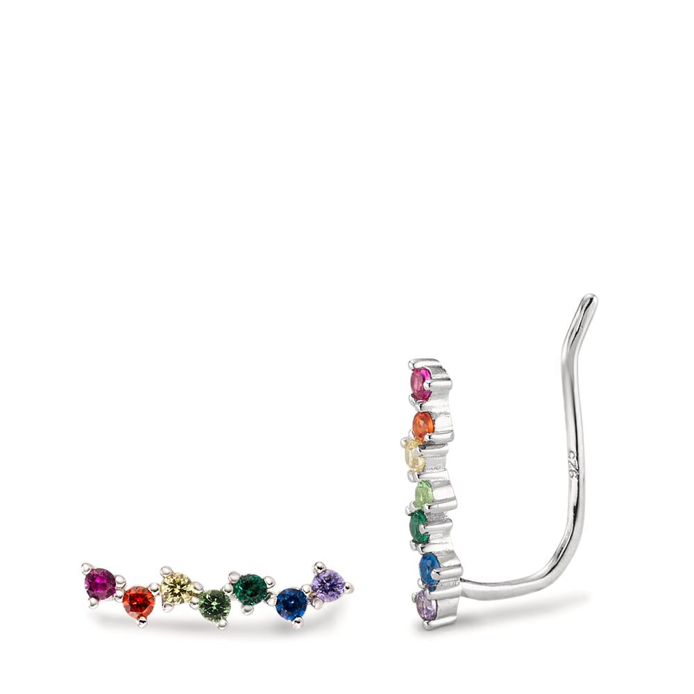 Ear Climber Silver Zirconia Rainbow-colored, 14 Stones Rhodium plated