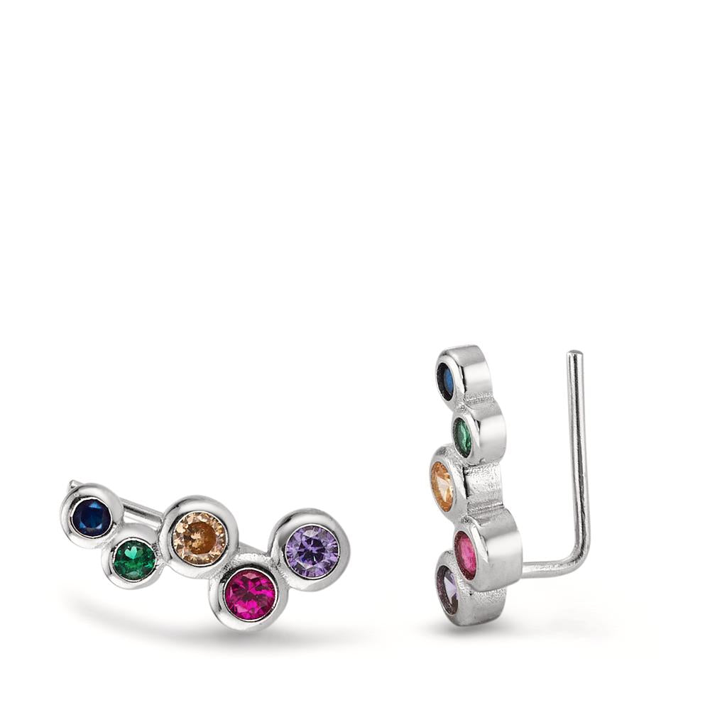 Ear Climber Silver Zirconia Rainbow-colored, 10 Stones Rhodium plated