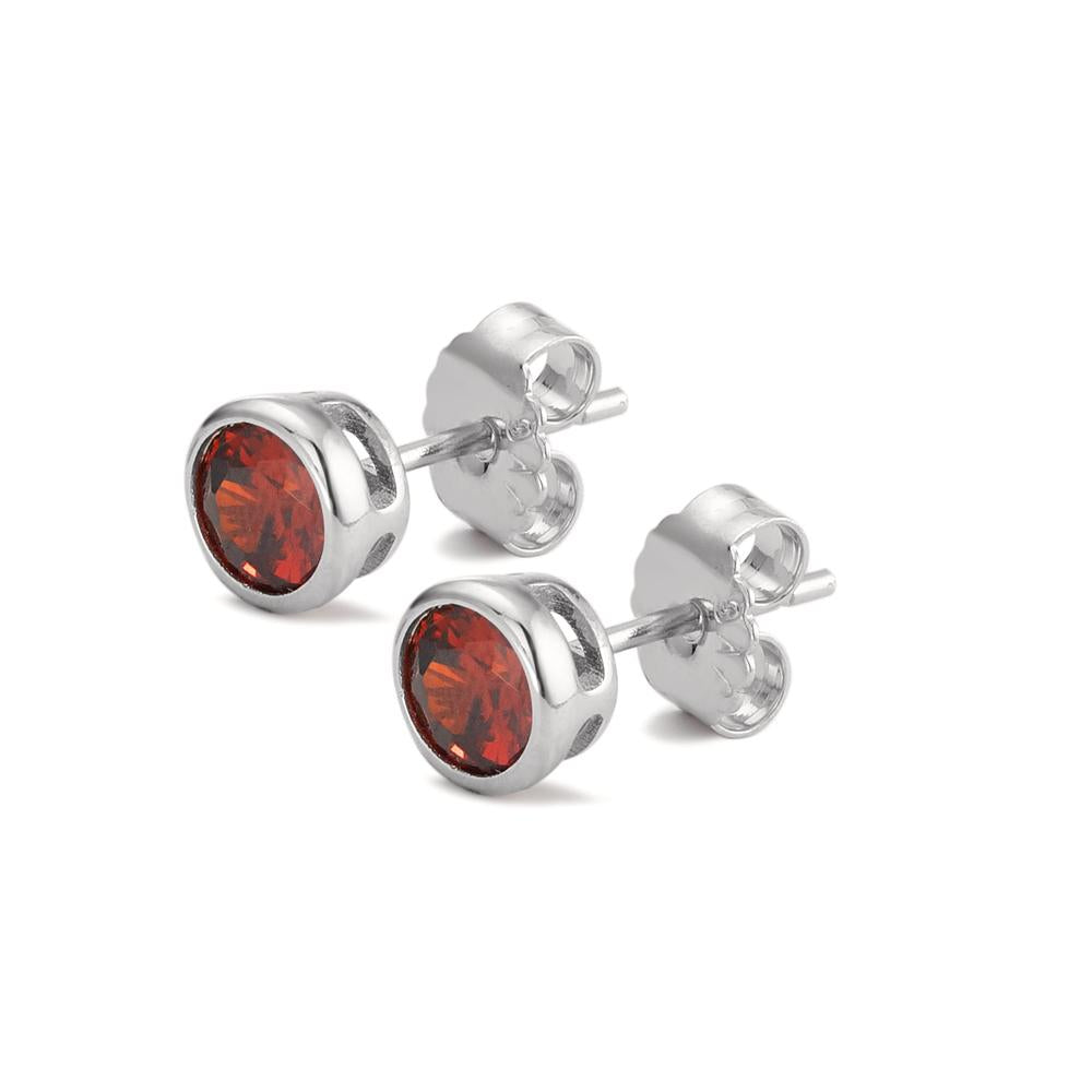 Stud earrings Silver Zirconia Red, 2 Stones Rhodium plated Ø6 mm