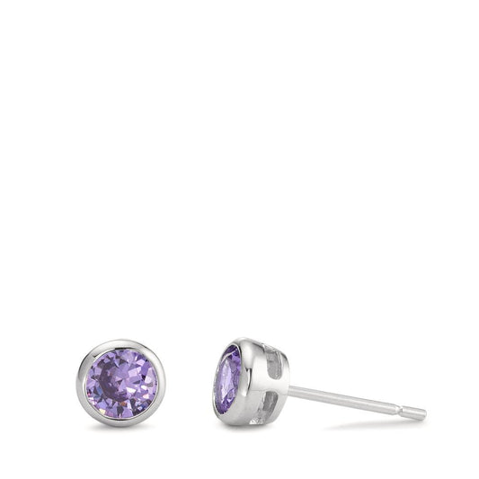 Stud earrings Silver Zirconia Purple, 2 Stones Rhodium plated Ø6 mm