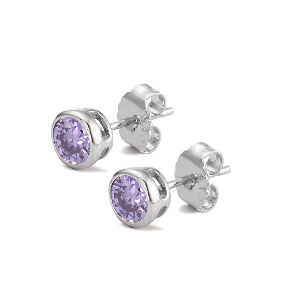 Stud earrings Silver Zirconia Purple, 2 Stones Rhodium plated Ø6 mm