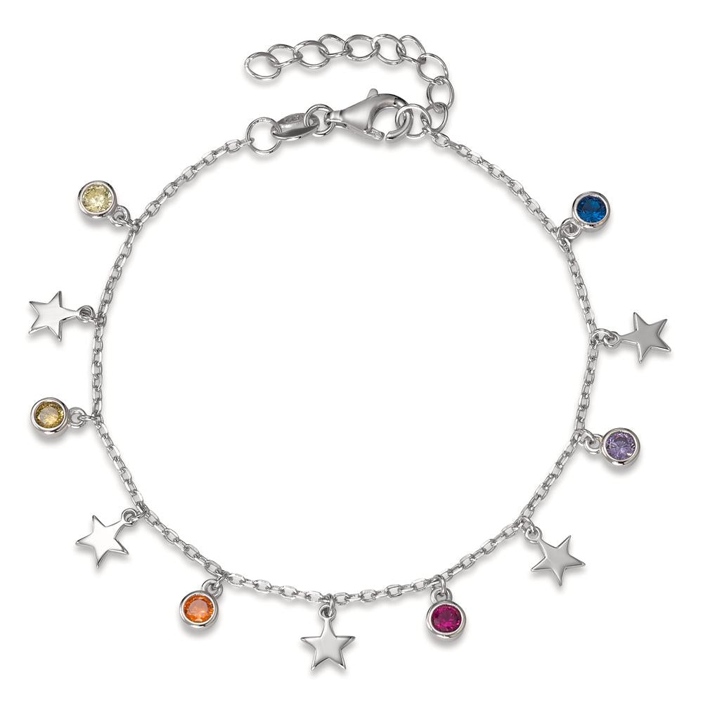 Bracelet Silver Zirconia Colorful, 6 Stones Rhodium plated Star 16-19 cm