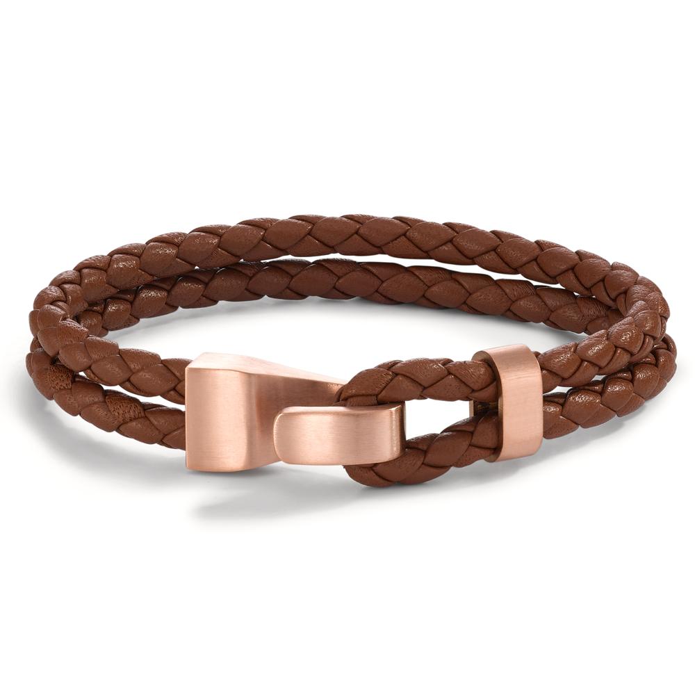 Bracelet Leather, Stainless steel Rose IP coated 19 cm