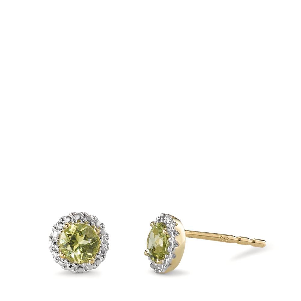 Stud earrings 9k Yellow Gold Peridot Green, 2 Stones Bicolor Ø6 mm