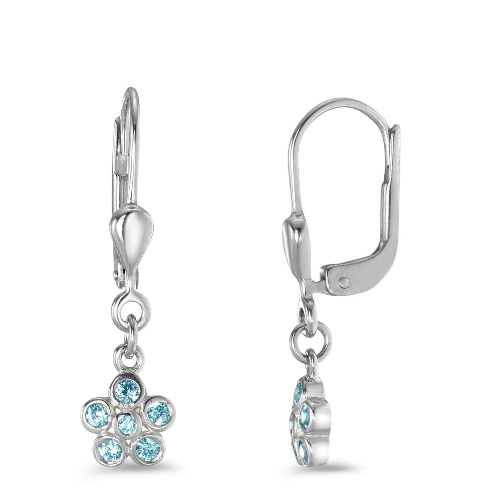 Drop Earrings Silver Zirconia Aqua, 12 Stones Rhodium plated Flower Ø6 mm