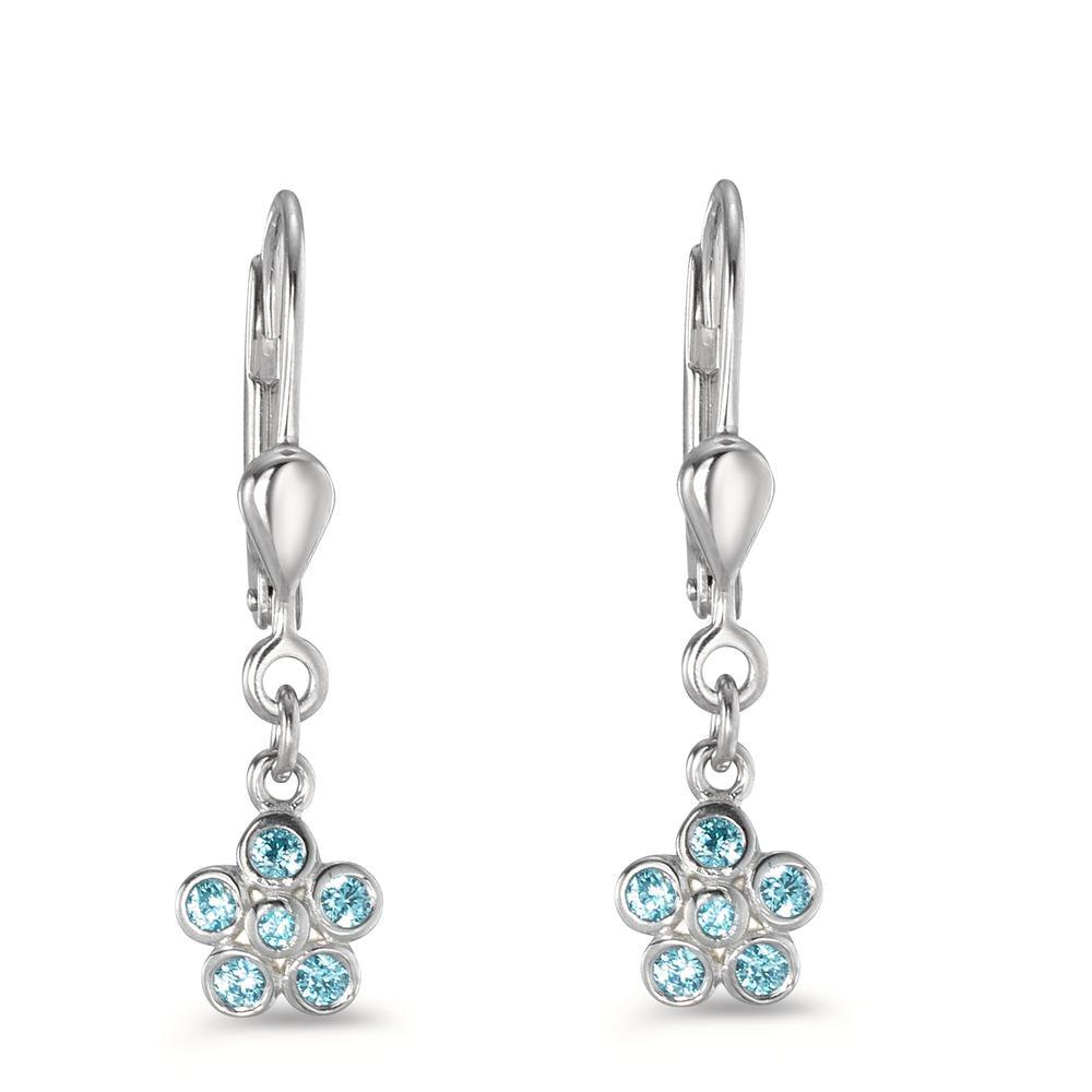 Drop Earrings Silver Zirconia Aqua, 12 Stones Rhodium plated Flower Ø6 mm