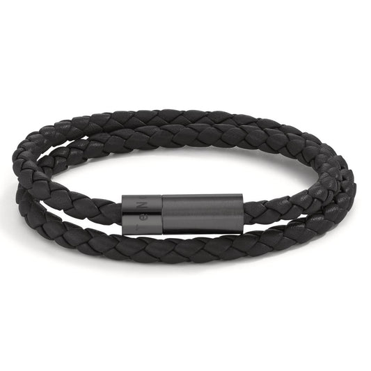 Bracelet Leather, Stainless steel Black IP coated 19 cm