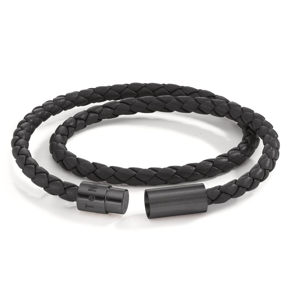 Bracelet Leather, Stainless steel Black IP coated 19 cm