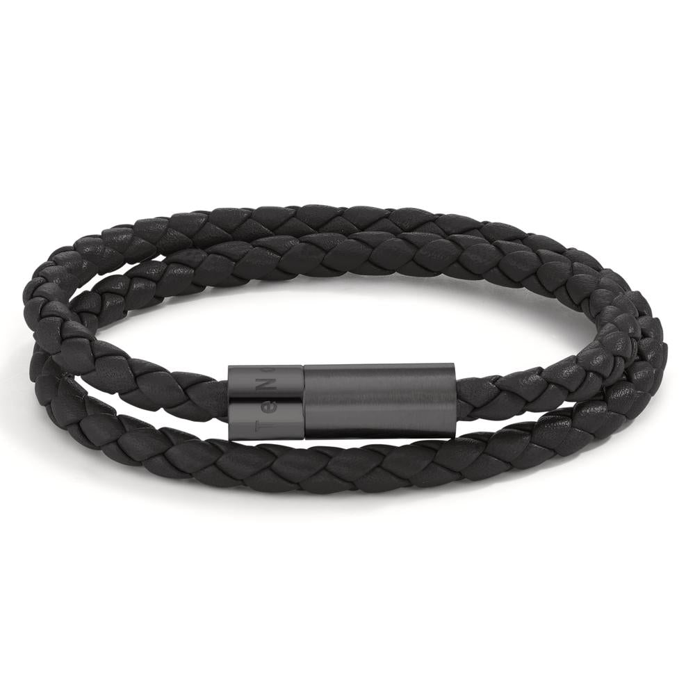 Bracelet Leather, Stainless steel Black IP coated 21 cm