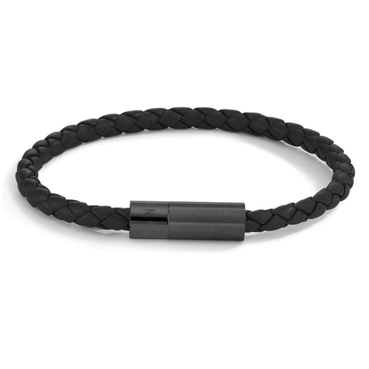 Bracelet Leather, Stainless steel Black IP coated 19 cm