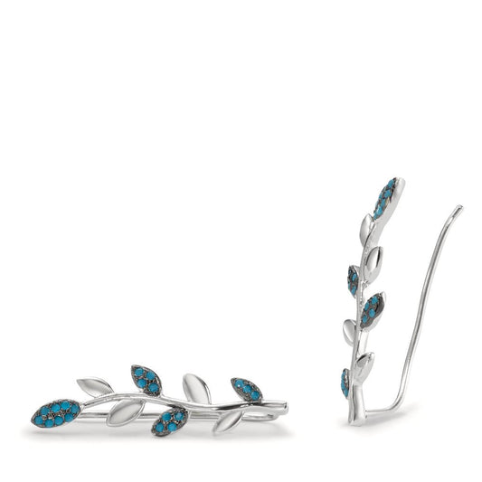 Ear Climber Silver Zirconia Blue Rhodium plated Leaf