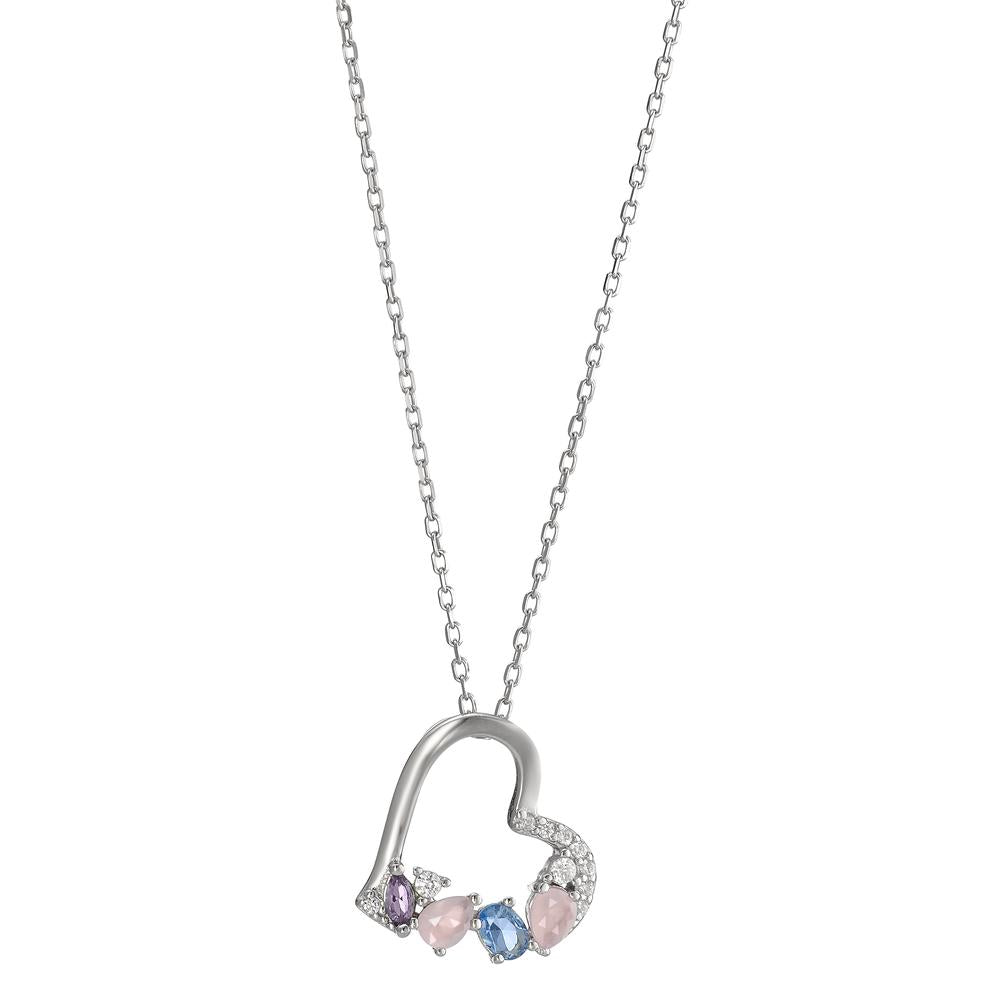 Necklace Silver Zirconia Colorful, 14 Stones Rhodium plated Heart 40-45 cm