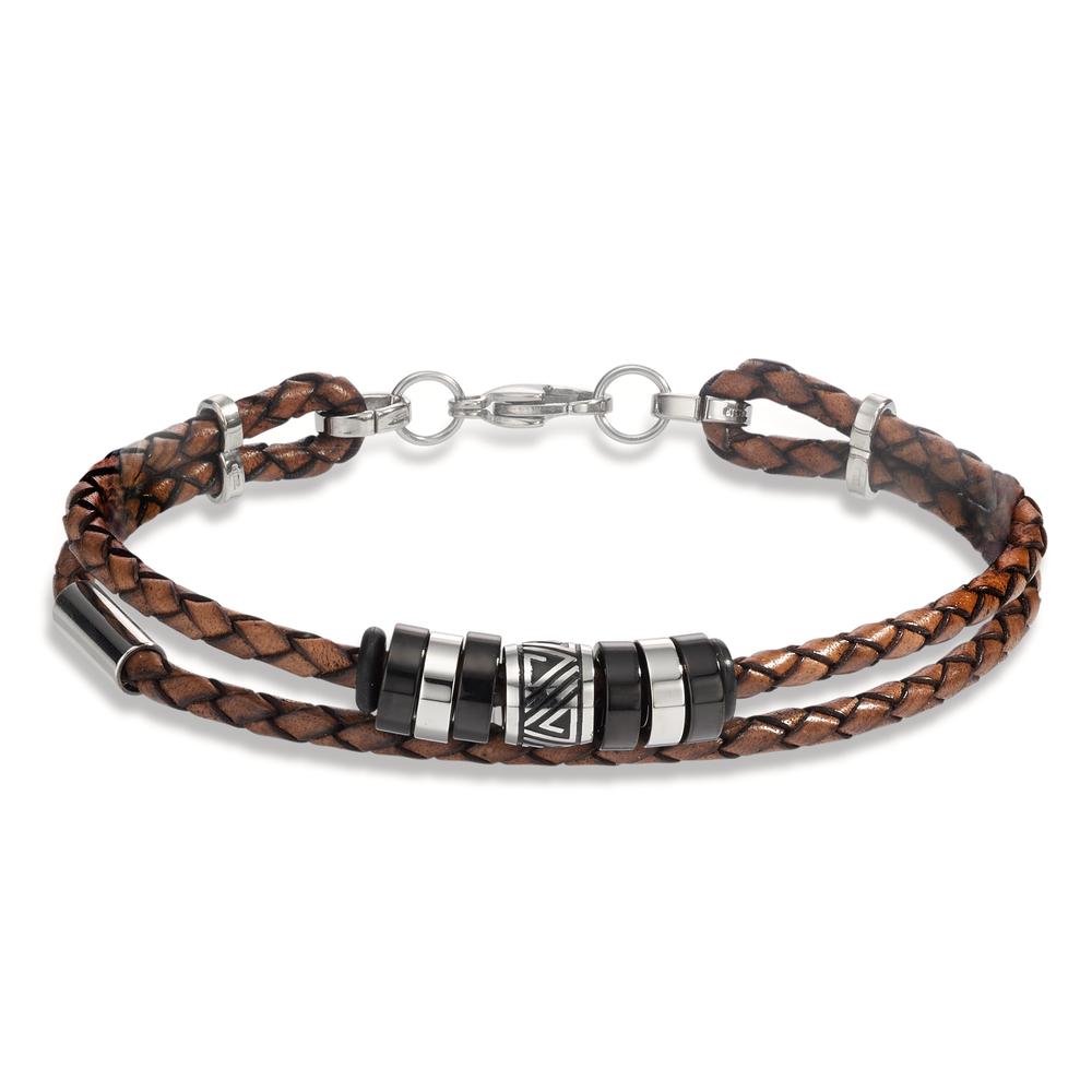 Bracelet Leather, Stainless steel Black IP coated 21 cm