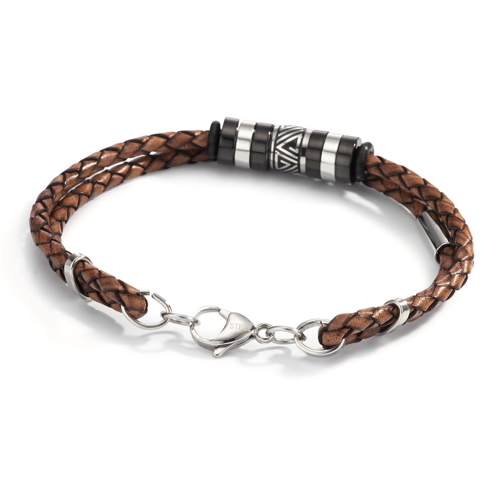 Bracelet Leather, Stainless steel Black IP coated 21 cm