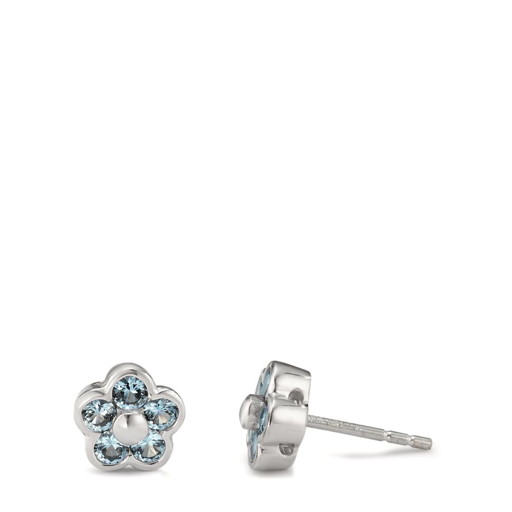 Stud earrings 18k White Gold Zirconia Light Blue, 10 Stones Flower Ø7 mm