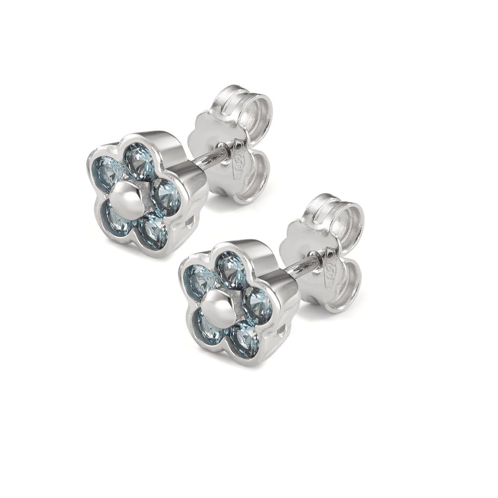 Stud earrings 18k White Gold Zirconia Light Blue, 10 Stones Flower Ø7 mm